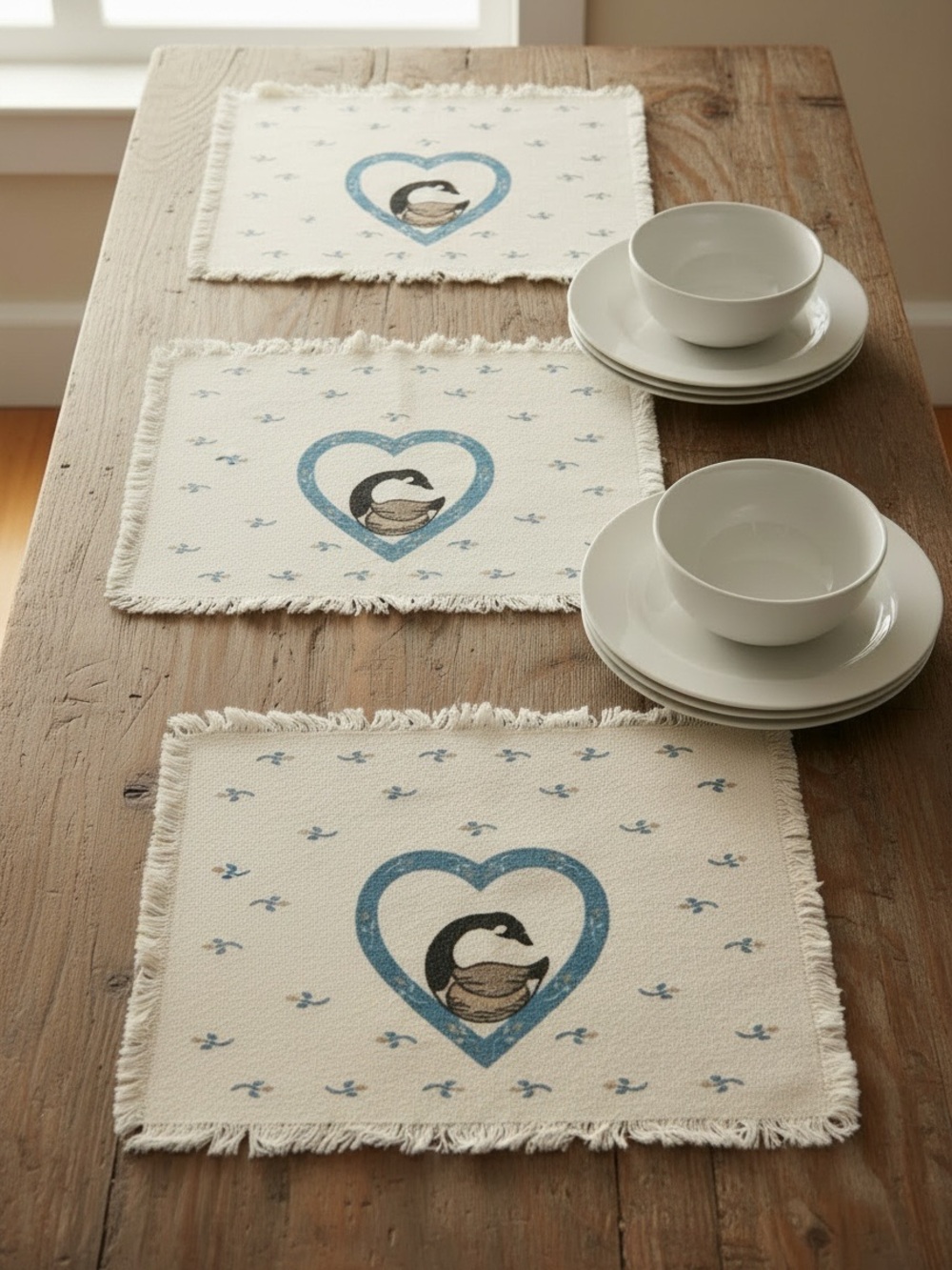VINTAGE 80s Country Goose Geese Fringed Placemats Set of 3
